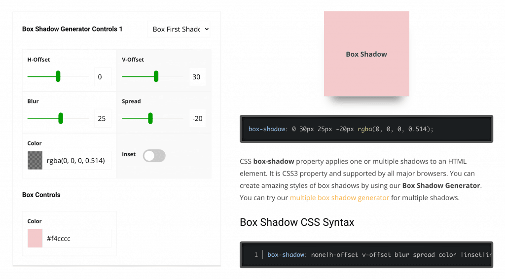 Генератор box shadow css